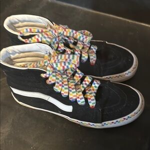 Kids Canvas Vans Black High-Top Sneakers with Multicolor Laces and Trim